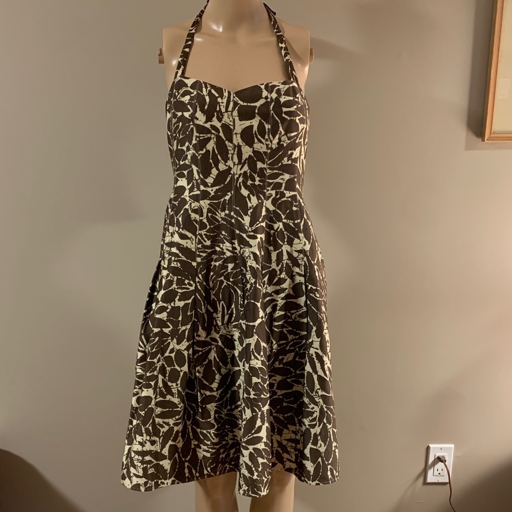 VINTAGE Evan Picone Elegant Halter Neck Brown and Cream Dress Women's Size 2P